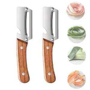 2 Pack 2 in 1 Multi Functional Vegetable Peeler with Bottle Opener and Wooden Handle Stainless Steel Blade Kitchen Tool for Sugar Cane Potato Fruit Pineapple Pumpkin Papaya Carrot Veggie Peeler