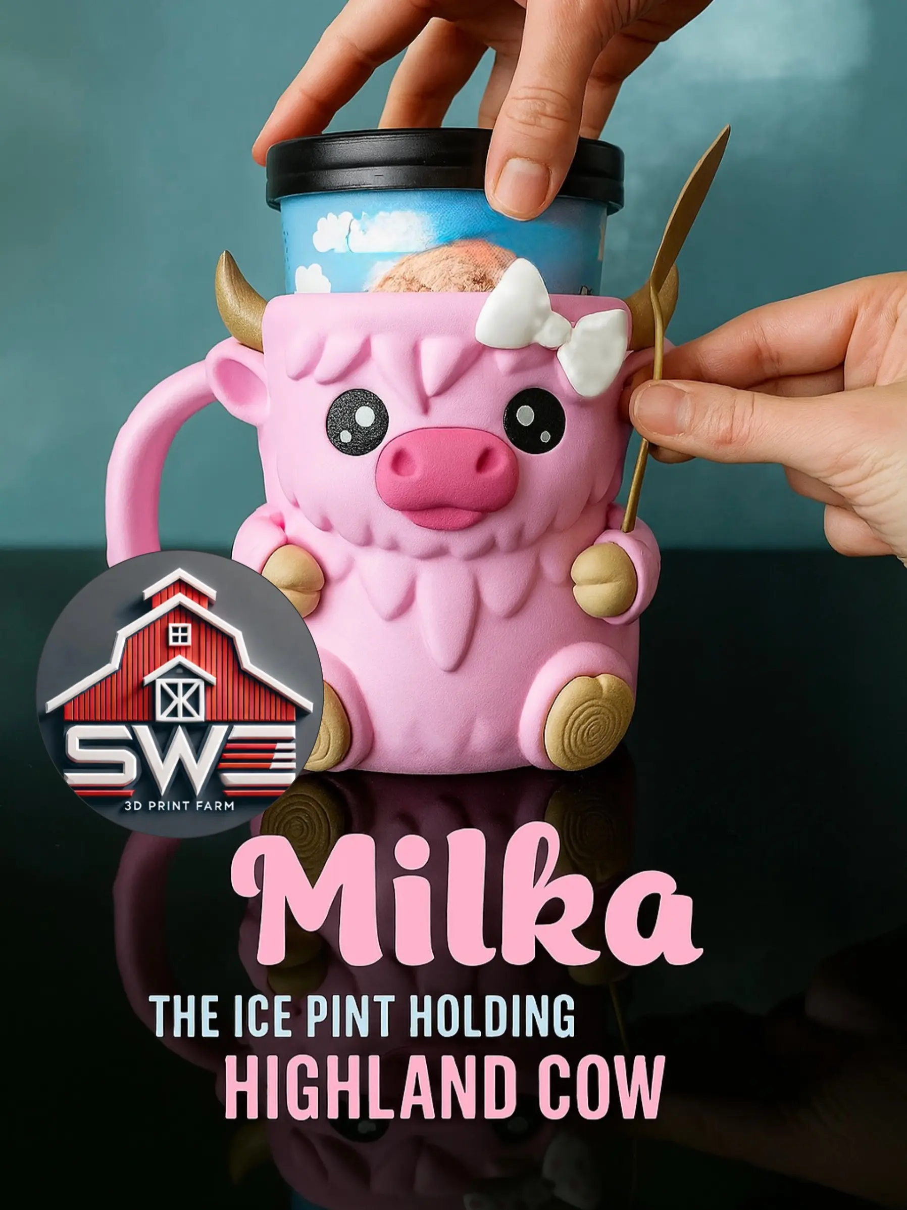 Milka Ice Cream Pint Holder the Highland Cow with Spoon Slots | Eco-Friendly 3D Print + Free Gift