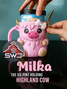 Milka Ice Cream Pint Holder the Highland Cow with Spoon Slots | Eco-Friendly 3D Print + Free Gift Milka Ice Cream Pint Holder the Highland Cow with Spoon Slots | Eco-Friendly 3D Print + Free Gift