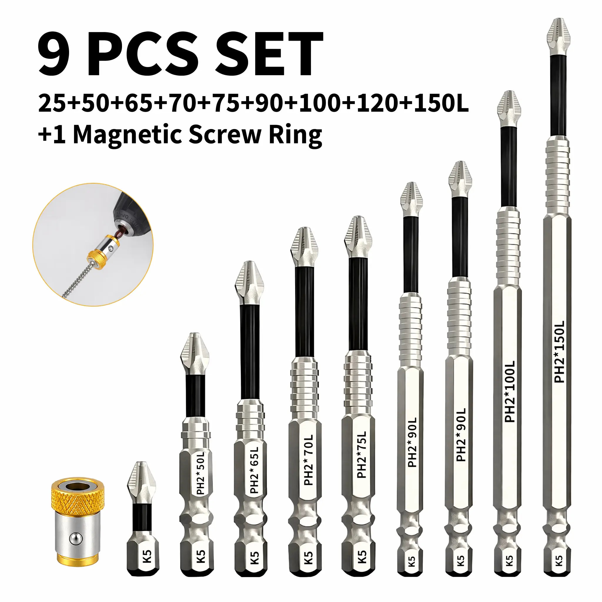 TOOLIX K5 Anti Slip Drill Bit Set 9-Piece (25–150mm)  + Magnetic Screw Ring – Electric Drill for Home & Professional Repair, K5 Drillbit,  High  Magnetic Screwdriver Bit, PH2 Phillips Head bit, Magnetic Screw Ring, Non-Slip Electric Screwdriver Drill Bits
