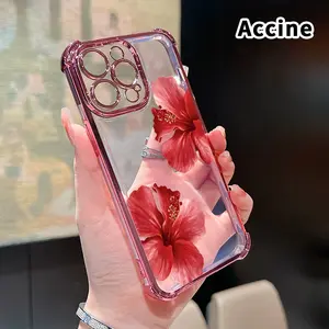 Hibiscus Blooms Pattern Four Corner Anti-Fall Phone Case Transparent Electroplated Protective Cover for iPhone 16 Pro Max 15 Plus 14 13 12 11 E