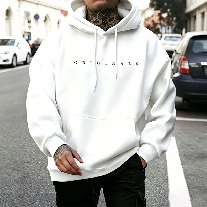 ORIGINALS Minimalist slim-fit hoodie with horizontal letter arrangement, unisex, oversized clean fit, solid-color basic sweatshirt