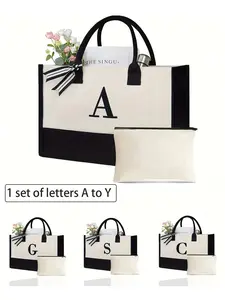 Initials canvas tote bag with bonus makeup storage bag for weddings, birthdays, beaches, festivals, gifts for women, multi-function shopping bag, Fashionable Patterned Bag, new design, large capacity, ideal for shopping, Minimalist Tote Bag, Bag Set