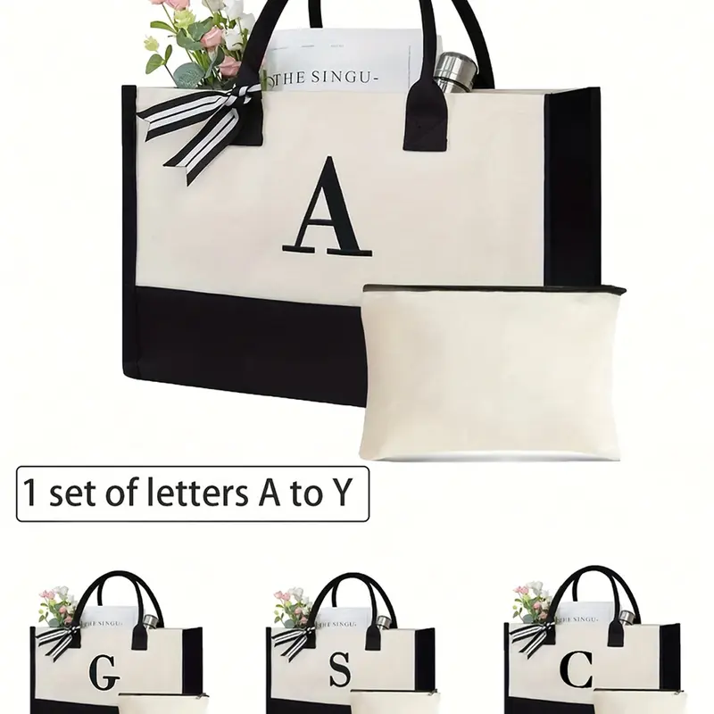 Initials canvas tote bag with bonus makeup storage bag, Letters Print Bags, Carrying bag for weddings, birthdays, festivals, gifts for women, moms, friends, new design, large capacity, ideal for shopping, Letter Printed Bag, Fashionable Tote Bag