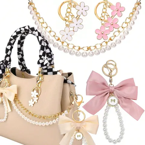 Sweet-Style Girly Bag Charm Set: Pearl Chain With Flower/Bow Decor, Bag Strap Extender Or Accessory, Suitable For Handbags, Delicate And Cute Style, A Bag Accessory For Work Or Dates, Purse Accessories, Charms for Purses, Fashion Bag Charms