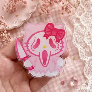 Pink Horror Cat Phone Grip, Cute Ghost Mask Cat with Knife, Kawaii Spooky Phone Holder for Halloween Fans
