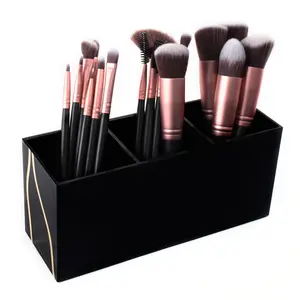 3-Slot Makeup Organizer – Black Gold Acrylic Holder for Lipsticks, Brushes