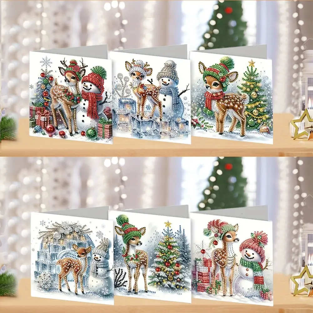 6-piece diamond painting art set greeting card, Christmas theme pattern paper material with irregularly shaped diamonds, hand tools and supplies, suitable for Christmas decoration, holiday gifts, Diamond Painting Kit