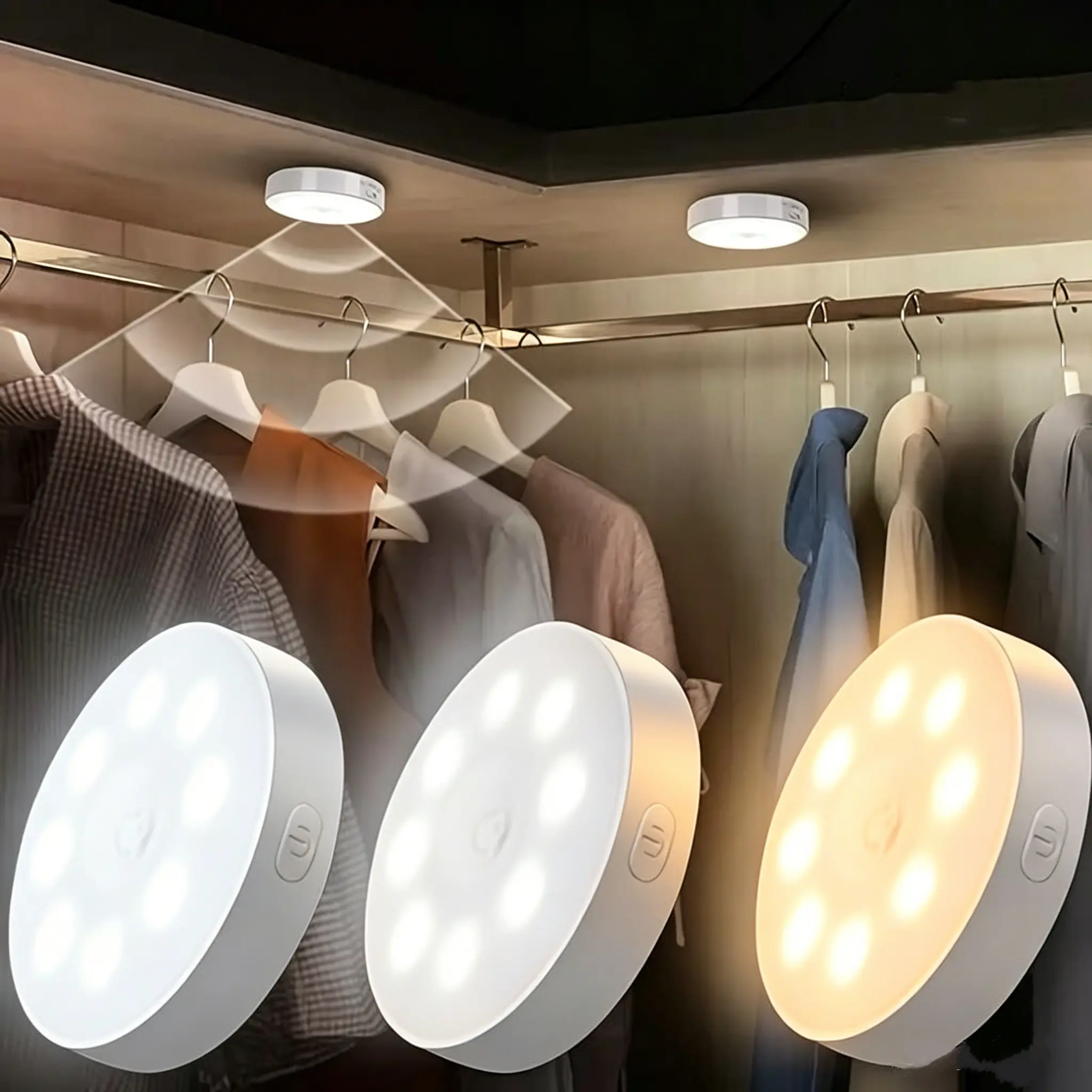 Motion Sensor Multifunction LED Light, 3 Adjustable Colors, USB Rechargeable Round LED Light, Dimmable Night Light for Bathroom, Cabinet, Stairway, Corridor & Office, Indoor Lighting, Modern Home Ceiling LED Light summerwins