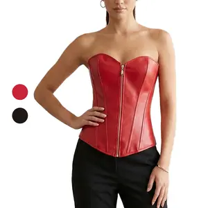 ZGQNBELLE Faux Leather Corset Top For Women Gothic Bustier Waist Cincher Front Zipper Lace Up Back Shapewear Steampunk Clubwear Y2K Fashion Concert Outfit Push Up Camisole Cosplay Costume