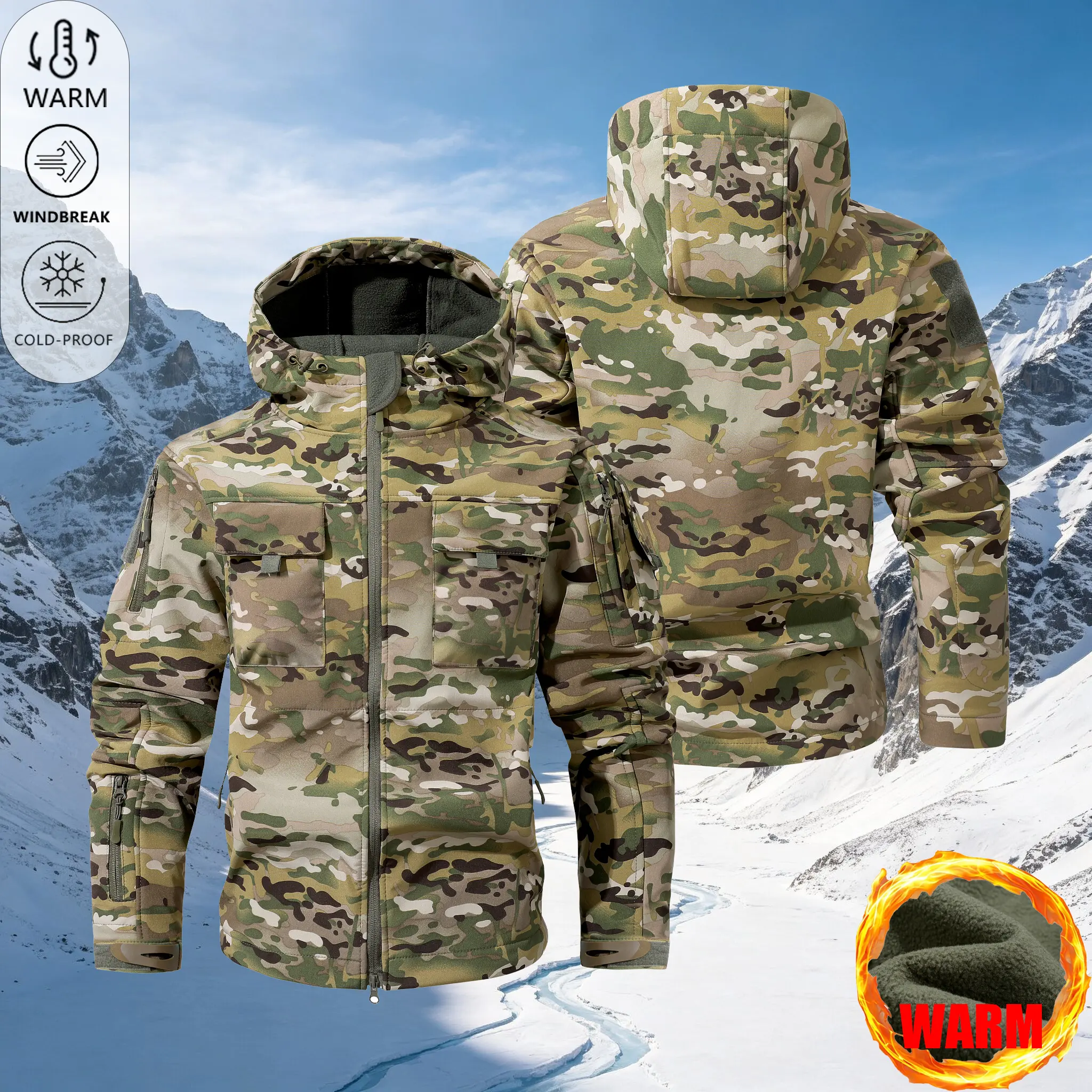 Men’s camouflage hooded tactical outdoor mountaineering snow jacket with fleece lining, thick plush interior, windproof and cold-resistant, multiple pockets, workwear style.