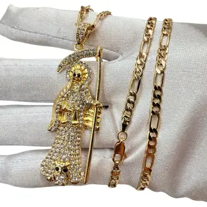 Men's pendant with amulet of the the grim reaper with zirconia,Santa muerte,gold plated 18k