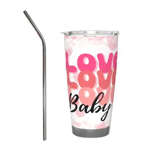 20oz Car Mug with Single Silver Rimmed Edge - with Stainless Steel Straw(love baby)