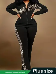 Plus Size Women's Leopard Print Long Sleeve Zip Top and Pants Set, Stylish Two Piece for Fashion Forward Ladies, Trendy Loungewear