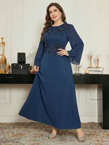 Elegant Evening Dress, Bridesmaid Gown, Round Neck Sequined Chiffon Long Dress, Wedding Party Maxi Dress, Plus Size Slimming