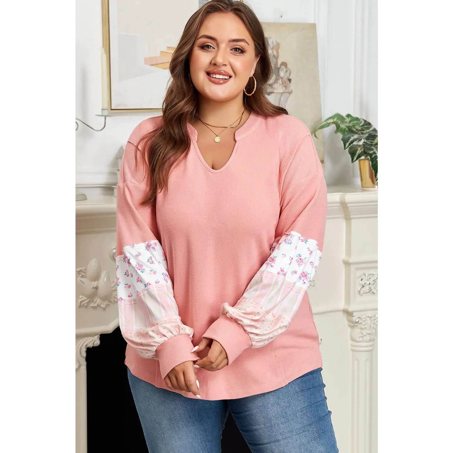 Women's Plus Size Pink Floral Waffle Knit Top - Notched Crewneck/V-Neck, Polyester-Cotton Blend, Longsleeves Patchwork, Comfortable Clothes, Casual Wear, Christmas Gift (Pairs with Jeans)