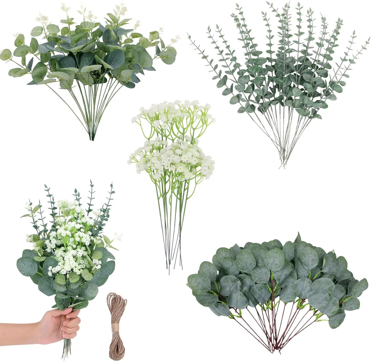 200, 100 & 70 Pcs 4 Kinds Mixed Eucalyptus Leaves Stems Bulk Artificial Silver Dollar Leaves Picks Dried Eucalyptus Bundle Faux Spray for Wedding Vase Bouquet Floral Arrangement Christmas Gifts