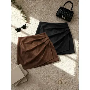 Women’s Autumn–Winter High-Waist Faux Suede Skirt Set, Casual Solid Plain A-Line Mini Skirts, Trendy American Vintage Style