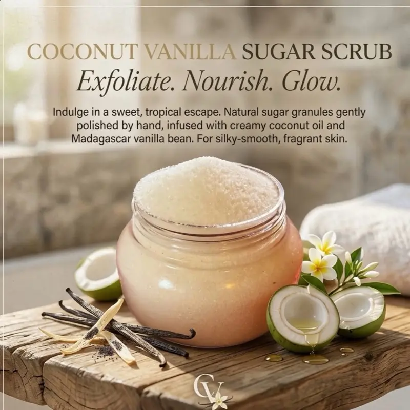 Coconut Vanilla Sugar Body Scrub, Smooth Daily Cleanser Cosmetic with Natural Ingredient Blend for Bath & Body Care