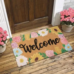 Floral Welcome Doormat Spring Indoor Outdoor Daisy Sunflower Tulip Rose Home Housewarming Front Porch Rugs Floor Mat Entrance Supplies 17 X 30 Inches