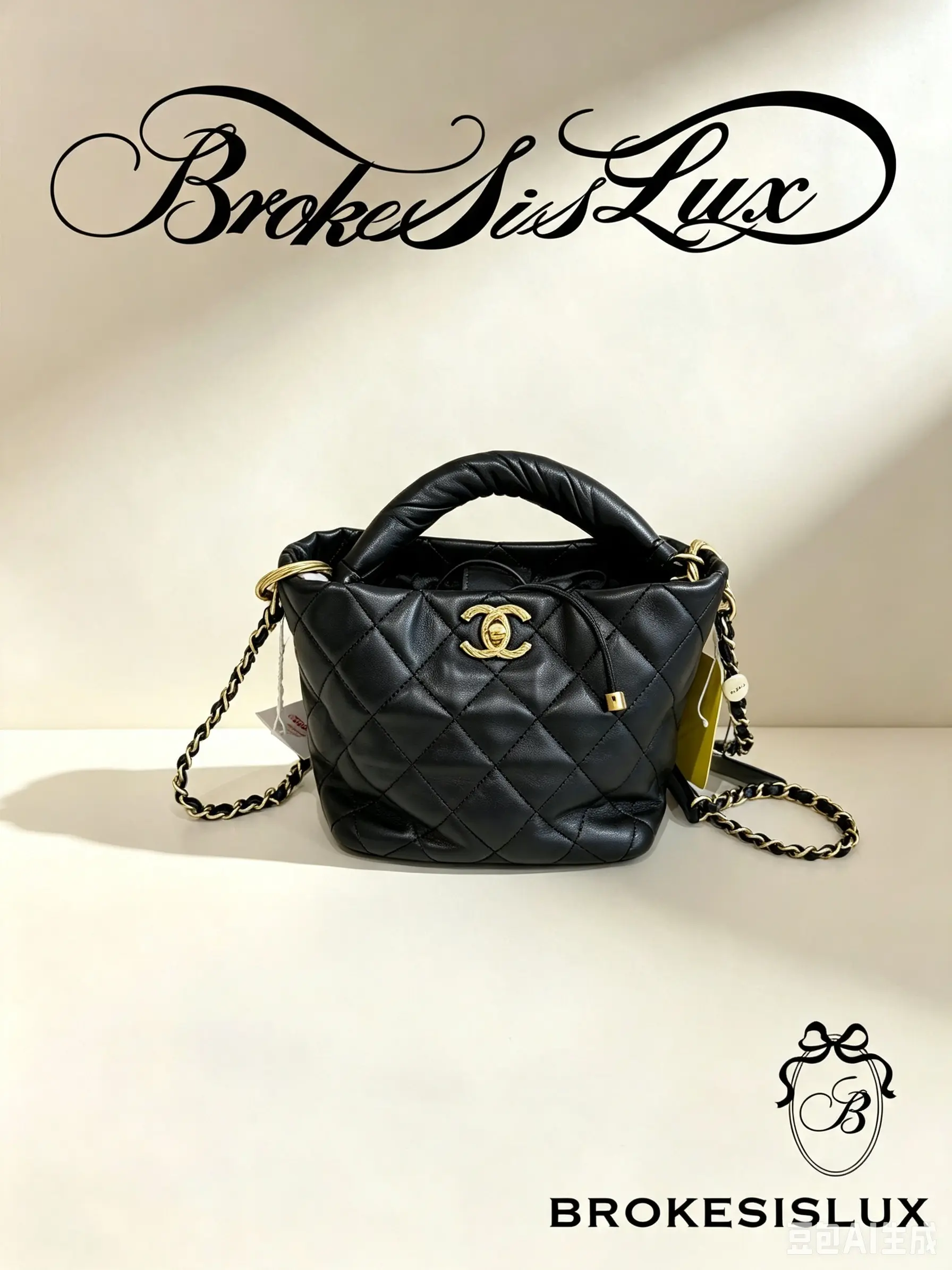 Pre-owned CHANEL Black Lambskin Quilted Mini Drawstring Bucket Crossbody Bag Gold Hardware