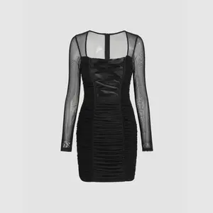 Cider [size 2-10] Solid Sheer Lace Up Ruched Mini Dress