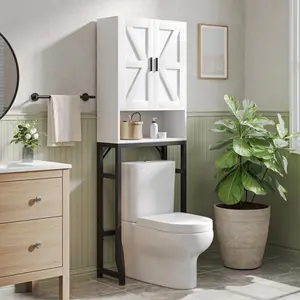 USHOWER Over-the-Toilet Storage Cabinet for Bathroom White Space-Saving Design with Open Shelf & Upper Cabinet Stable Secure MDF Panels & Iron Frame Easy Assembly