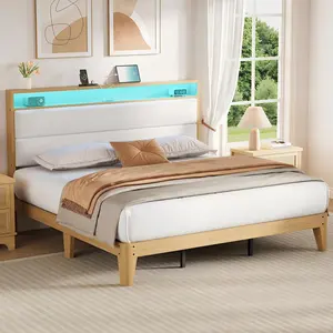 Garvee King Size Bed Frame with LED Light and Charging Station, Upholstered Platform Bed with Boucle Headboard, Easy Assembly, No Box Spring Needed, Wooden Slats, White