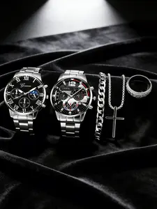 Men's Luxury Quartz Wristwatch Set, 5-Piece Bundle with 2 Watches, Necklace, Bracelet, Ring, Stainless Steel Band, Business Casual Style