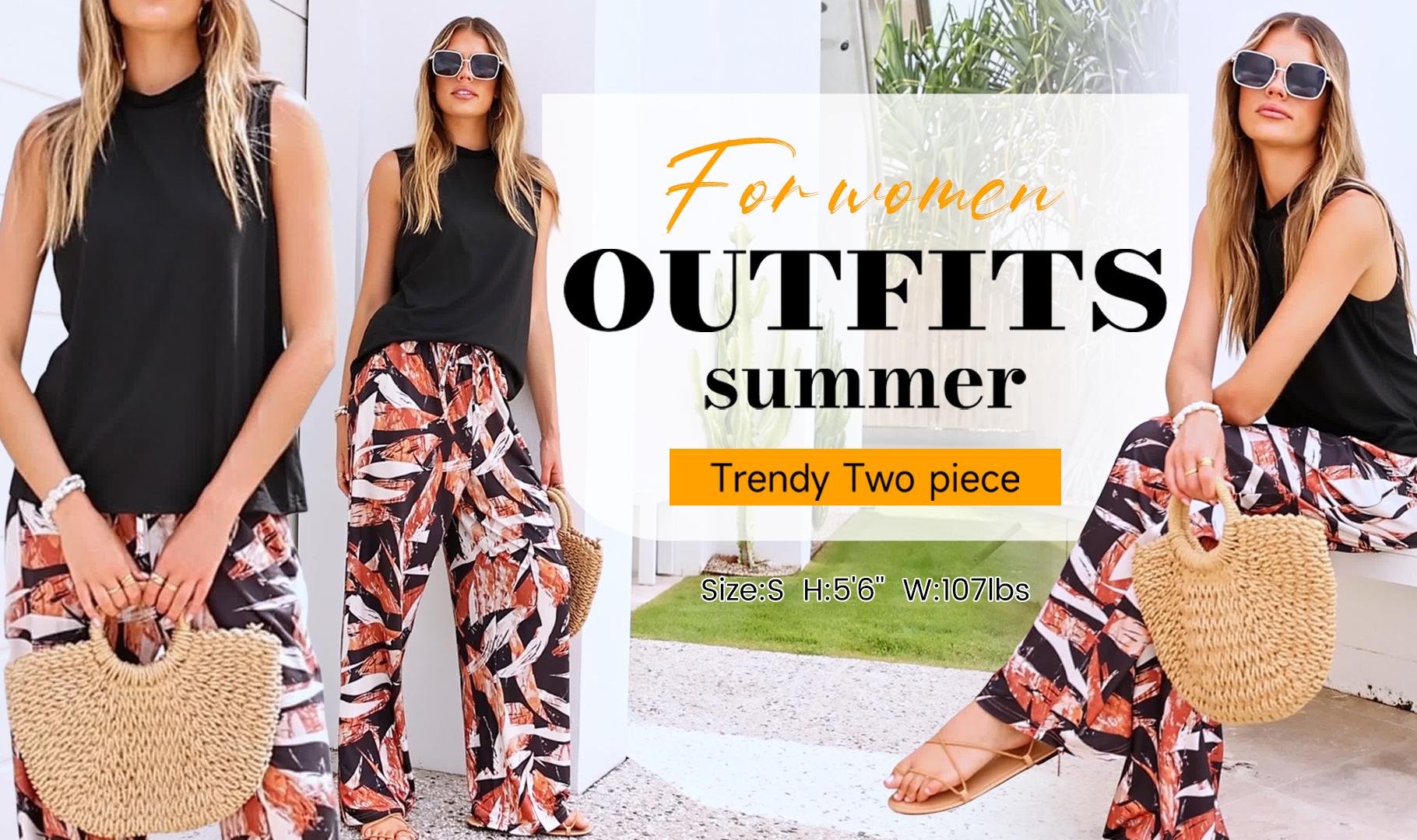 OFEEFAN Two Piece Set for Women Summer Spring Outfits Cruise Travel Airport Beach Vacation Mock Neck Wide Leg Pants Set OFEEFAN Two Piece Set for Women Summer Spring Outfits Cruise Travel Airport Beach Vacation Mock Neck Wide Leg Pants Set