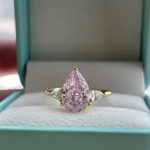 3 Carat Pink Crushed Ice Engagement Ring in Yellow Gold Vermeil or Sterling Silver 925, three stone engagement ring