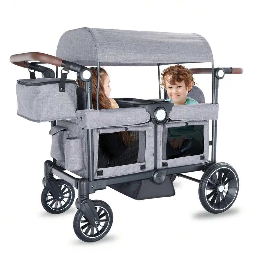 All-Terrain Folding Baby Wagon Stroller for 2 Kids - Outdoor Travel Gear with Shock-Absorbing Wheels, Removable Canopy, Detachable Tray, Parent Organizer, Sun Protection, Foldable Wagon, Unisex