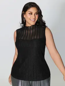 【Easter's Haul】【Arm Freedom】BlOOMCHIC Plus Lurex Sheer Neckline Lined Tank Top - Black Bodycon Sleeveless High Stretch Party & Cocktail Top Fit Fabric Womenswear