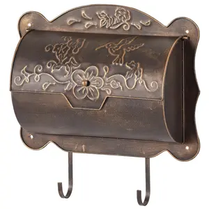 Wall Mount Mailbox with Newspaper Holder, Metal Wall Mailboxes for Outside, Vintage Decorative Front Porch Mail Box Wall Mounted, Horizontal Outdoor Mailbox with Hummingbird Accent, 17" x 5" x 17"