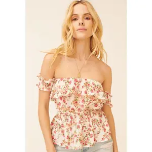 Cream Floral Off-Shoulder Ruffle Flounce Peplum Top