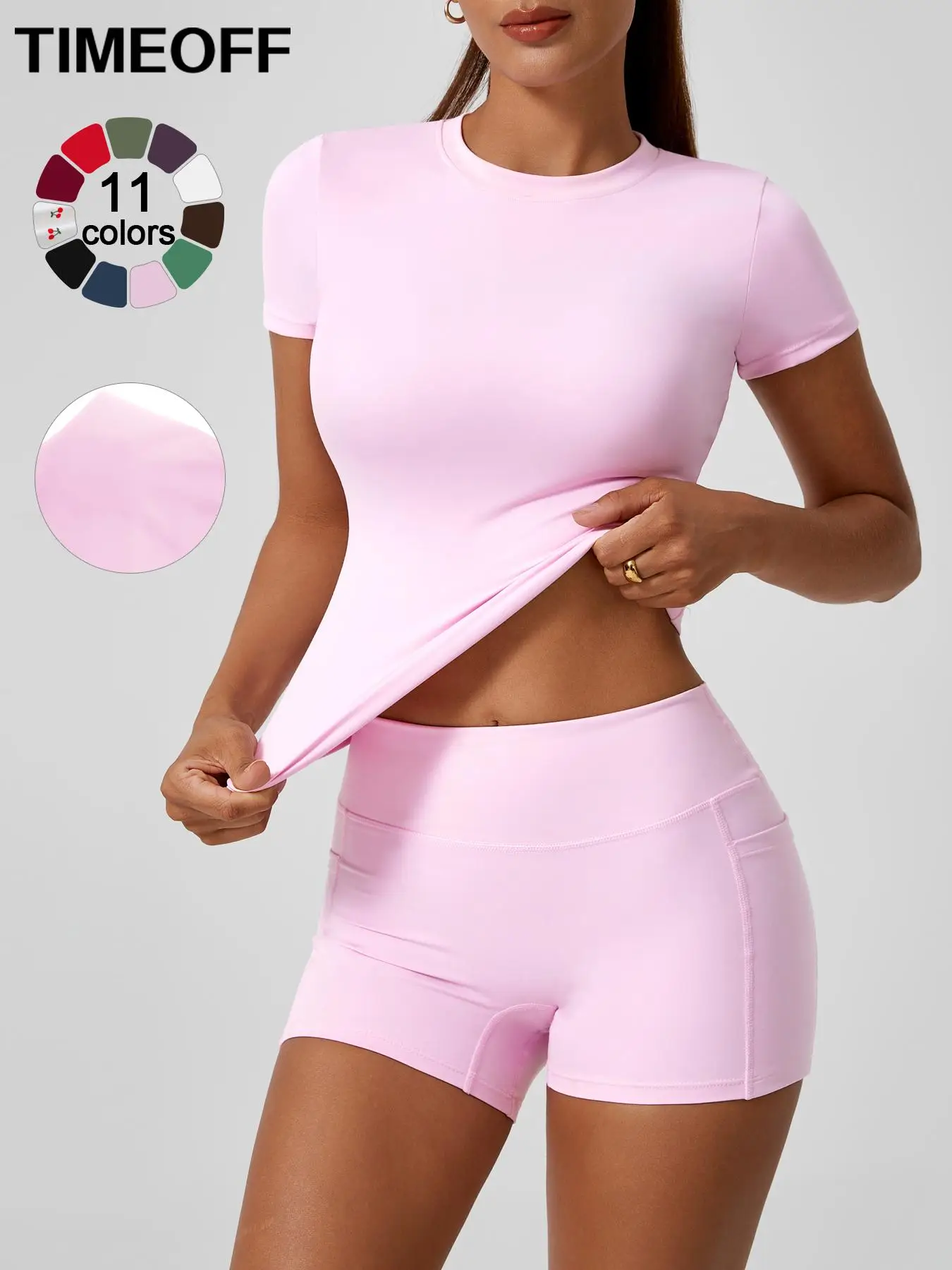 TIMEOFF Two-piece Set Women's Patchwork Soft Brushed Fabric Small Round Neck Slim Fit Short Sleeved Tight Shorts Yoga Suit Set Summer Outdoor Sports R