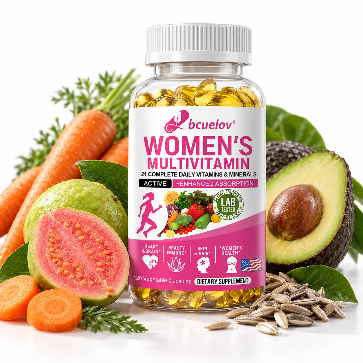 Bcuelov Women’s Multivitamin, 21 Vitamins & Minerals with Iron, Calcium, Vitamin D, B Vitamins, Biotin & Zinc, Daily Nutrition Supplement for Women, 120 Vegetable Capsules