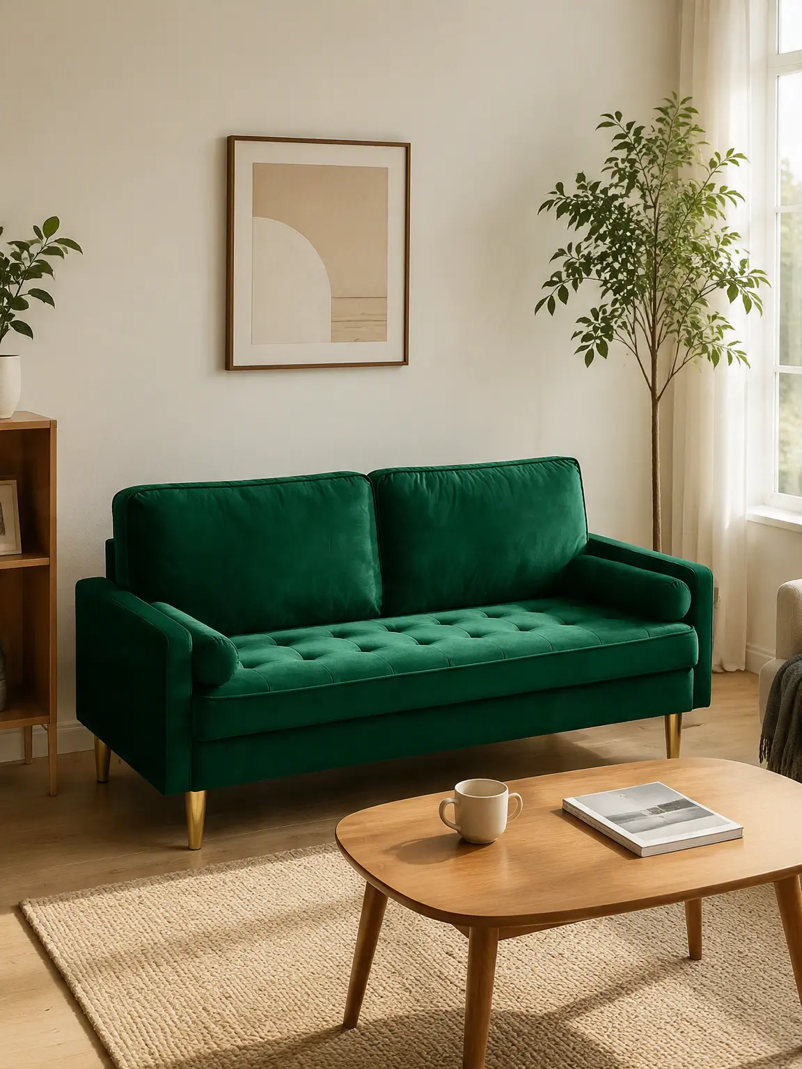 【BackToSchool】66" Modern Velvet Loveseat Sofa - Mid-Century Tufted 2-Seater Couch with Golden Legs & Pillows, Aesthetic Lounge Furniture for Compact Space, Living Room & Apartment Interior (Green)