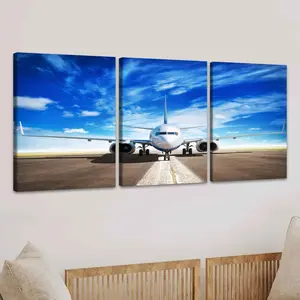 Airplane Pattern Canvas Painting, 3 Counts Wooden Framed Modern Art Decoration, Wall Art for Home Living Room Bedroom Office, Ornaments