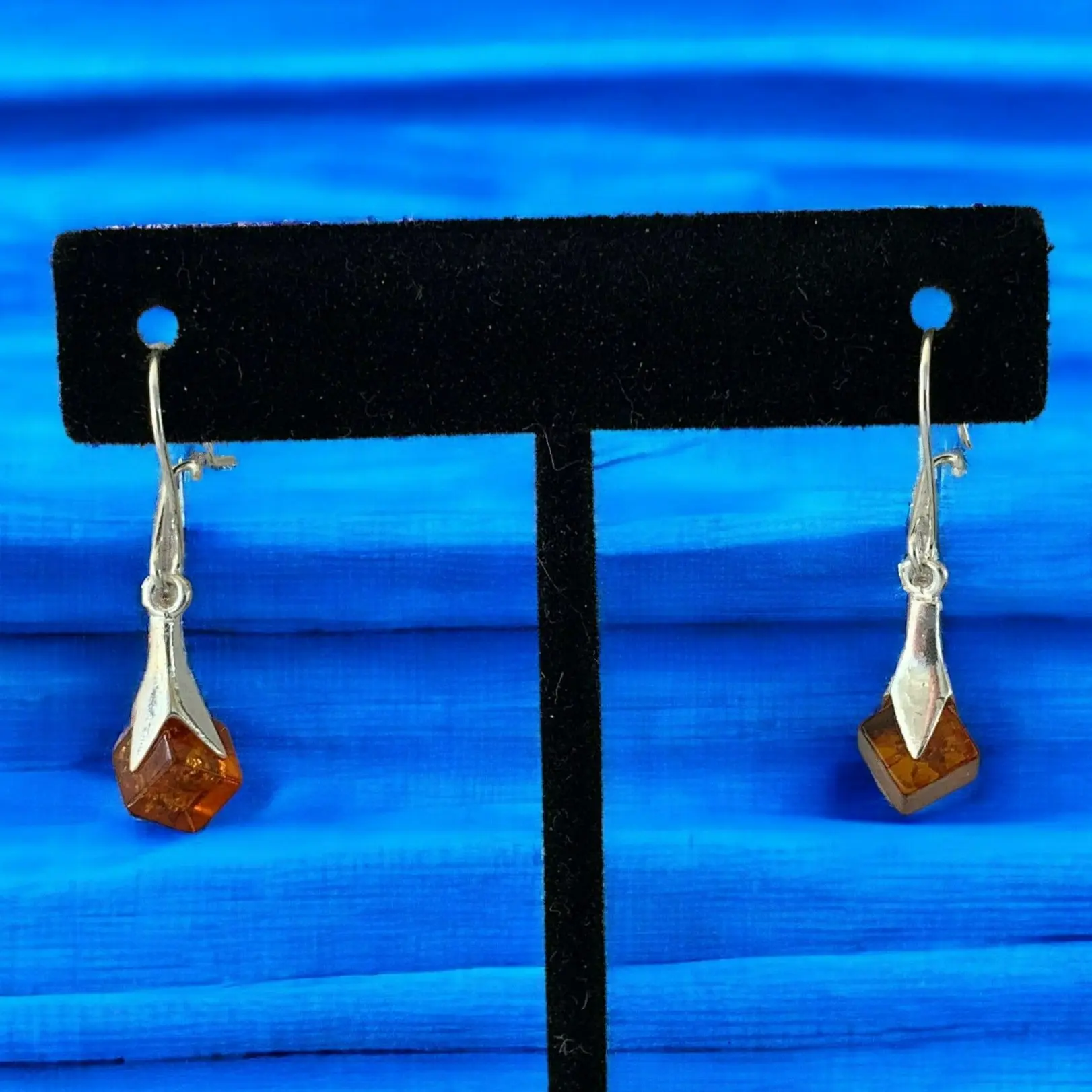 Women's Amber Drop Dangle Cube Shape Earrings Rich Orange Color Baltic Amber Cubes 1 1/4" Length Unique Meaningful Jewelry