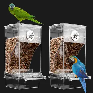 Automatic No Mess Bird Cage Feeder 2Pack Acrylic Transparent Parrot Seed Feeders with Perch Parakeet Food Container Cage Accessories for Small and Medium Lovebirds Canary Cockatoo Cockatiel Finch