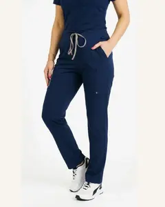 Boyfriend Fit Scrub Pants - Navy Blue, Womenswear, Comfortable, Zipper, Pockets, Polyester, Spandex