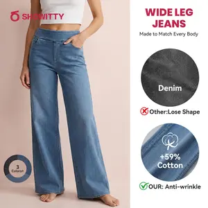 [Size Up] SHOWITTY Women's Wide-Leg High Waisted Straight Leg Jeans/ Crossover Flared Jeans with Pockets – Soft Cotton Pants