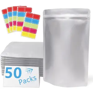 50 Pack 7.8 Mil 4''x6'' Mylar Bags for Long-term  Storage with 50 Labels, Resealable Smell Proof Heat Sealable Bags for edible packaging,  Sealing Stand-up Foil Pouch Bag for  Dry