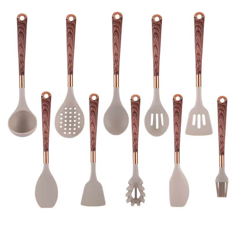 ：Wood Grain Handle Silicone Kitchen Utensils Set 10Pcs