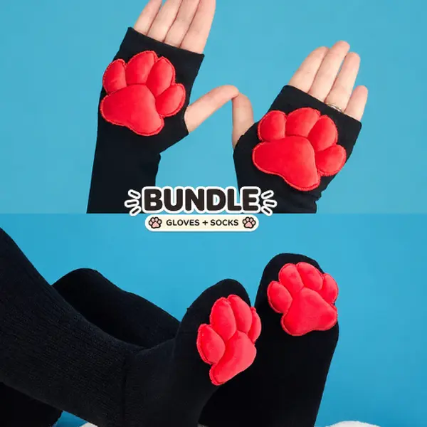 Black Thigh High Cat Paw Socks & Glove Set– Red Plush Paw Pads