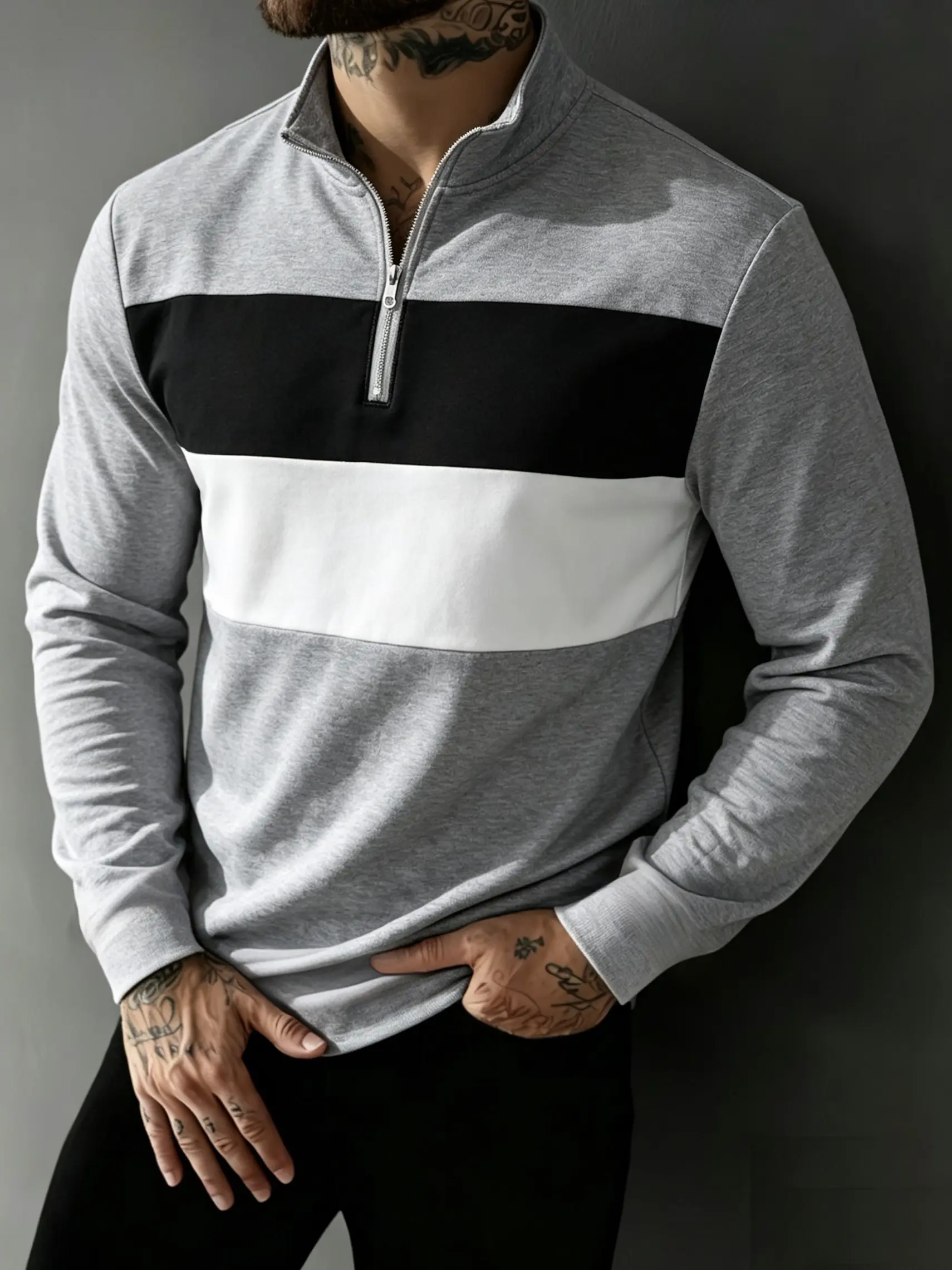Men's Quarter Zip Polo Shirt Long Sleeve Color Block Pullover Casual Golf Shirt Stand Collar Sweatshirt Tops