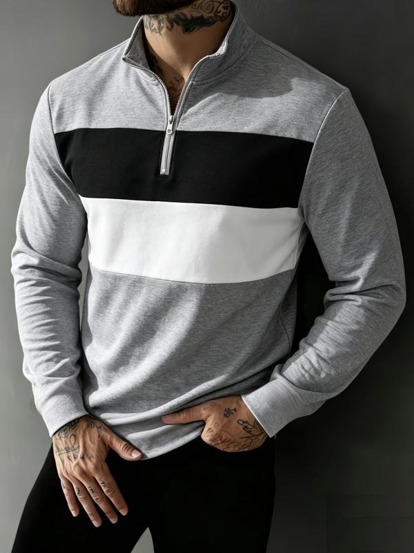 Men's Quarter Zip Polo Shirt Long Sleeve Color Block Pullover Casual Golf Shirt Stand Collar Sweatshirt Tops