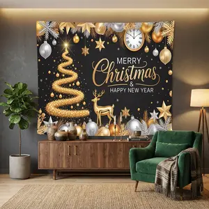 1pc Golden Reindeer Christmas Tree Tapestry, Festive Polyester Wall Art for Bedroom, Living Room, Dorm Room, Party Backdrop, Home Office Decoration.