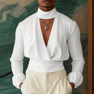 INCERUN Men's Fashion&Sexy Deep V-Neck Long-Sleeve T-Shirt. Elegant, stylish, and vintage. Suitable for banquets, parties, and performances.